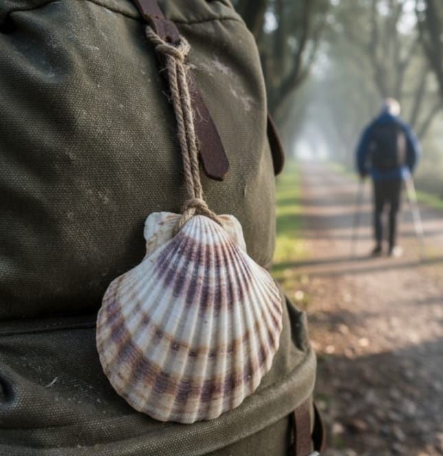Scallop shell attached to a pilgrim’s backpack - one of the Symbols of El Camino