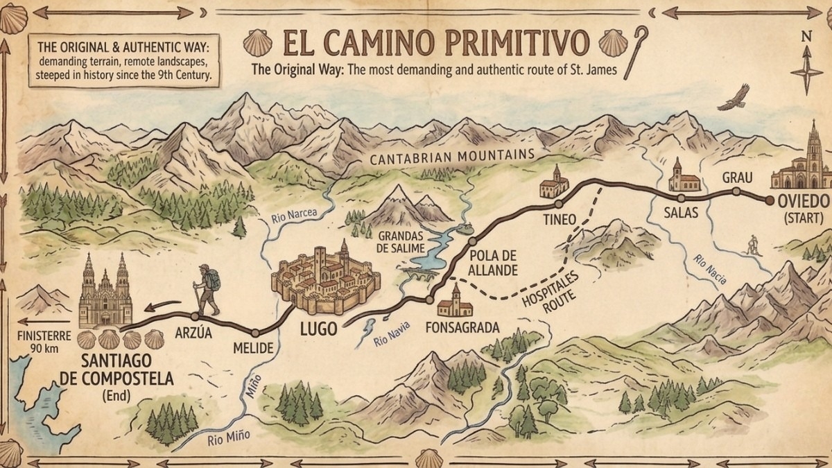 Illustrated map of El Camino Primitivo route showing the path from Oviedo through Tineo, Lugo, and Arzúa to Santiago de Compostela across the Cantabrian Mountains in northern Spain.