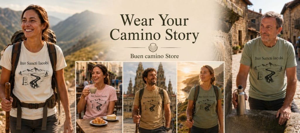Hero banner for the Buen Camino Store featuring a collage of hikers wearing branded apparel with 'Iter Sancti Iacobi' designs. The text reads 'Buen Camino Store: The journey changes you' above a 'Shop Now' button, with icons below highlighting the brand's focus on Camino-inspired, premium-quality apparel for pilgrims.