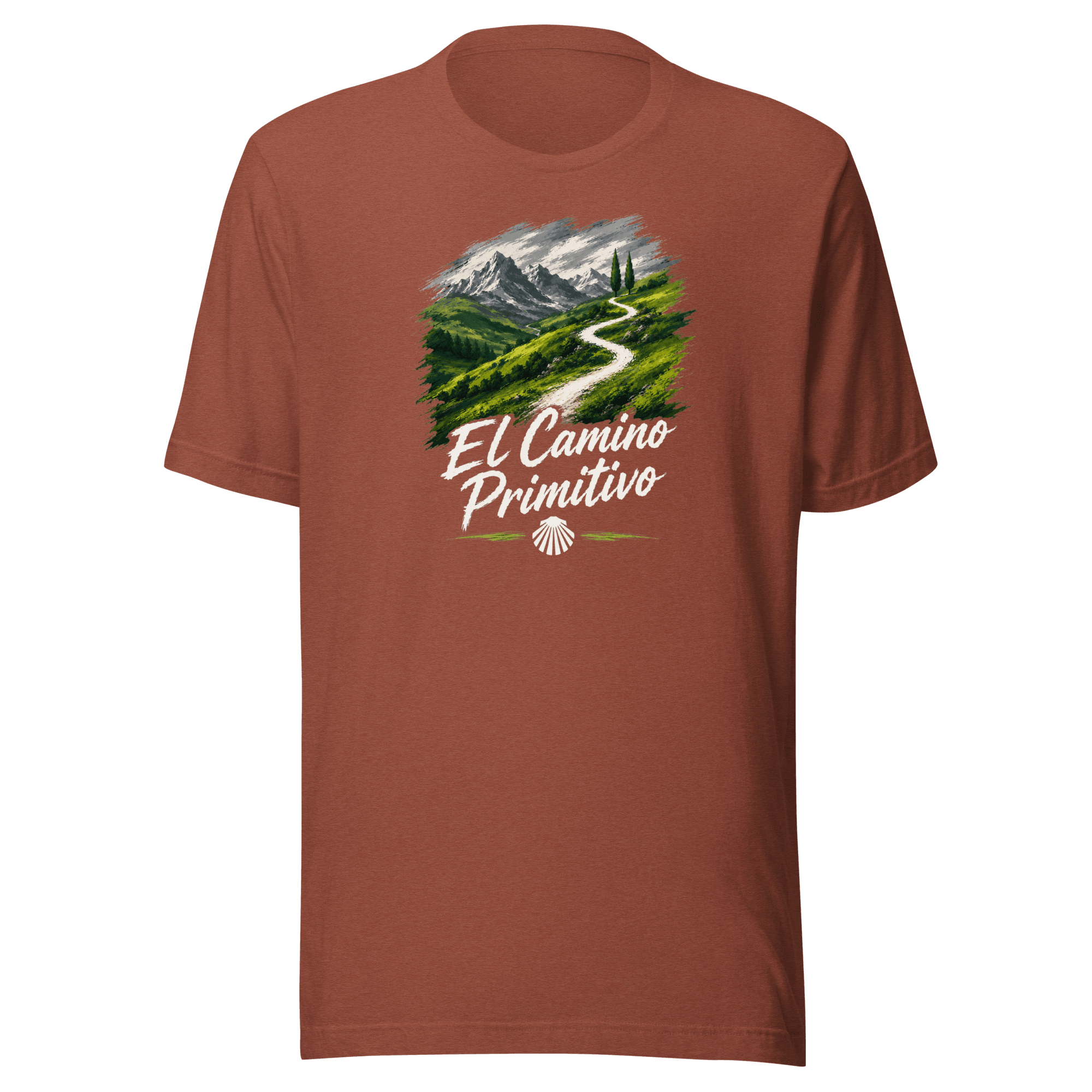 El Camino Primitivo unisex t-shirt in heather clay earth tone featuring an alpine mountain path illustration and white scallop shell