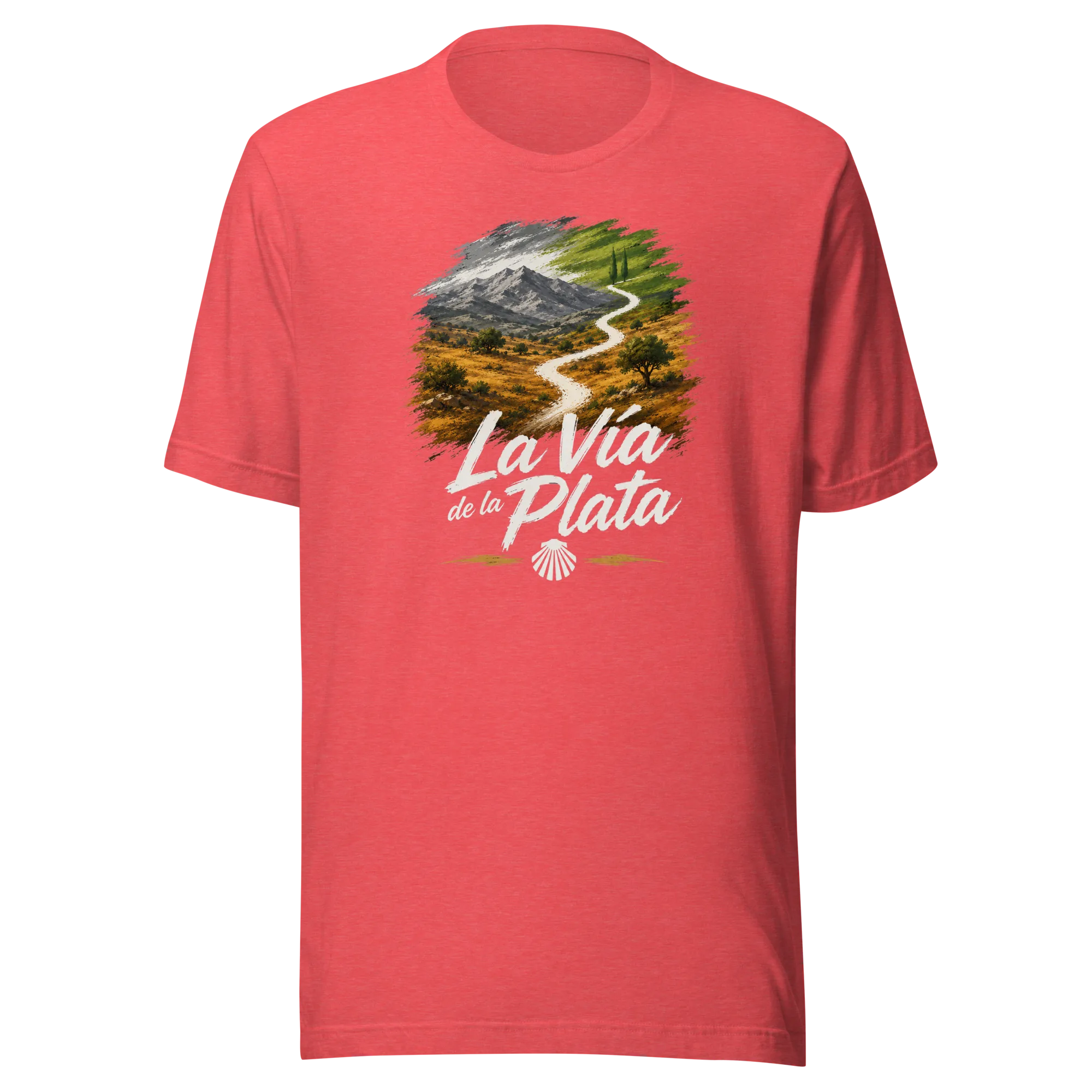 ​La Vía de la Plata unisex t-shirt in heather red featuring a winding trail illustration through golden fields, a mountain backdrop, and a white scallop shell
